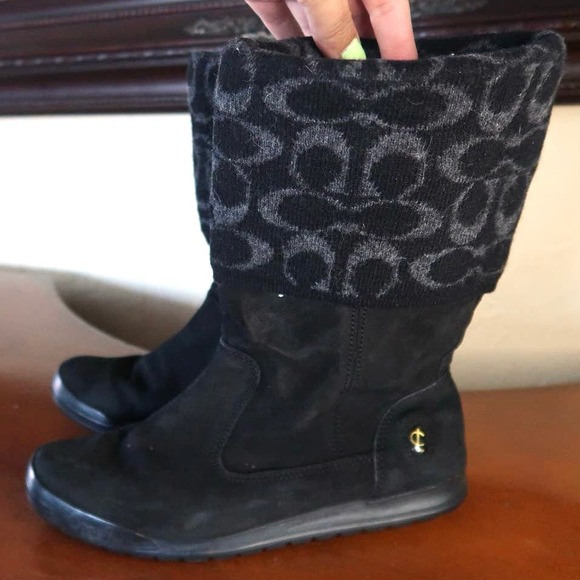 Coach Size 6.5 Tatum Boots Black Suede Leather Wool Logo Sweater Cuffs Flat Heel - Picture 2 of 7